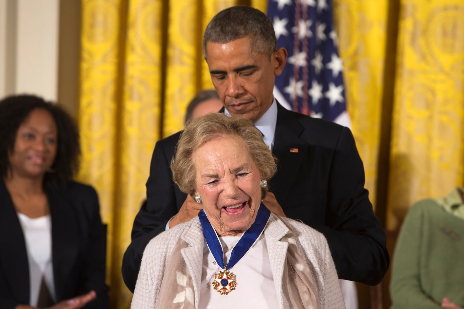 FILE - President Barack Obama awards Ethel Kennedy the Presidential Medal of Freedom, Monday, Nov. 24, 2014, during a ceremony in the East Room of the White House in Washington. (AP Photo/Jacquelyn Martin, File)