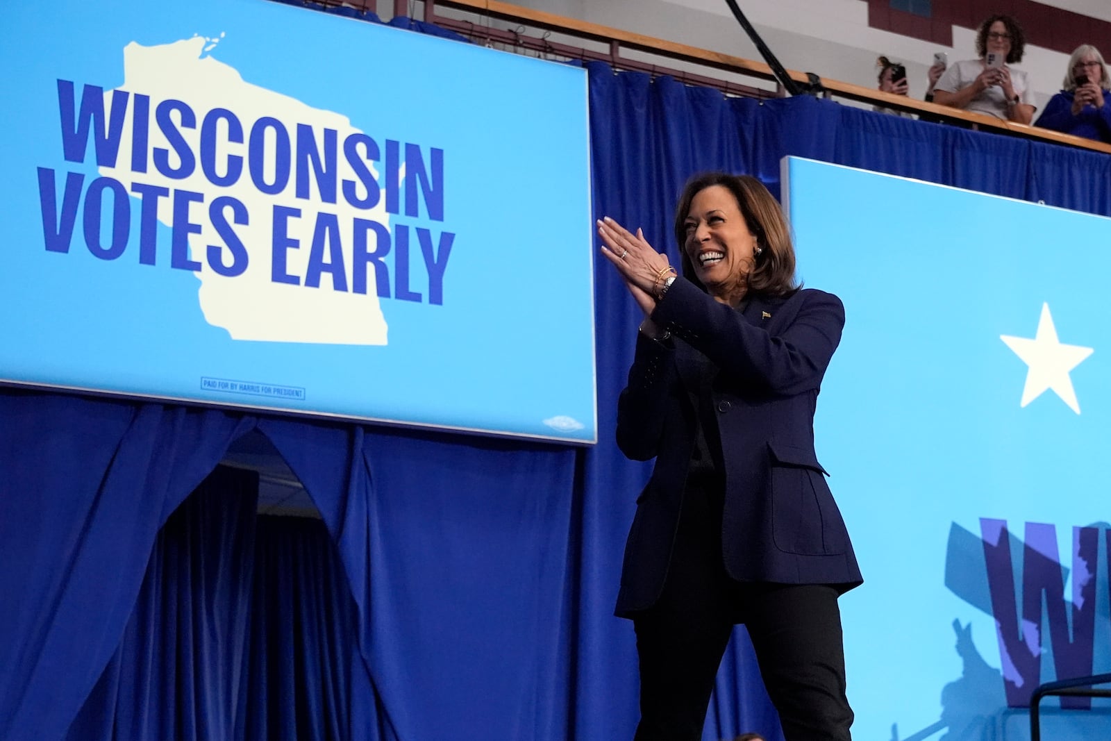 Democratic presidential nominee Vice President Kamala Harris arrives to speak at a campaign rally at the University of Wisconsin La Crosse, in La Crosse, Wis., Thursday, Oct. 17, 2024. (AP Photo/Jacquelyn Martin)