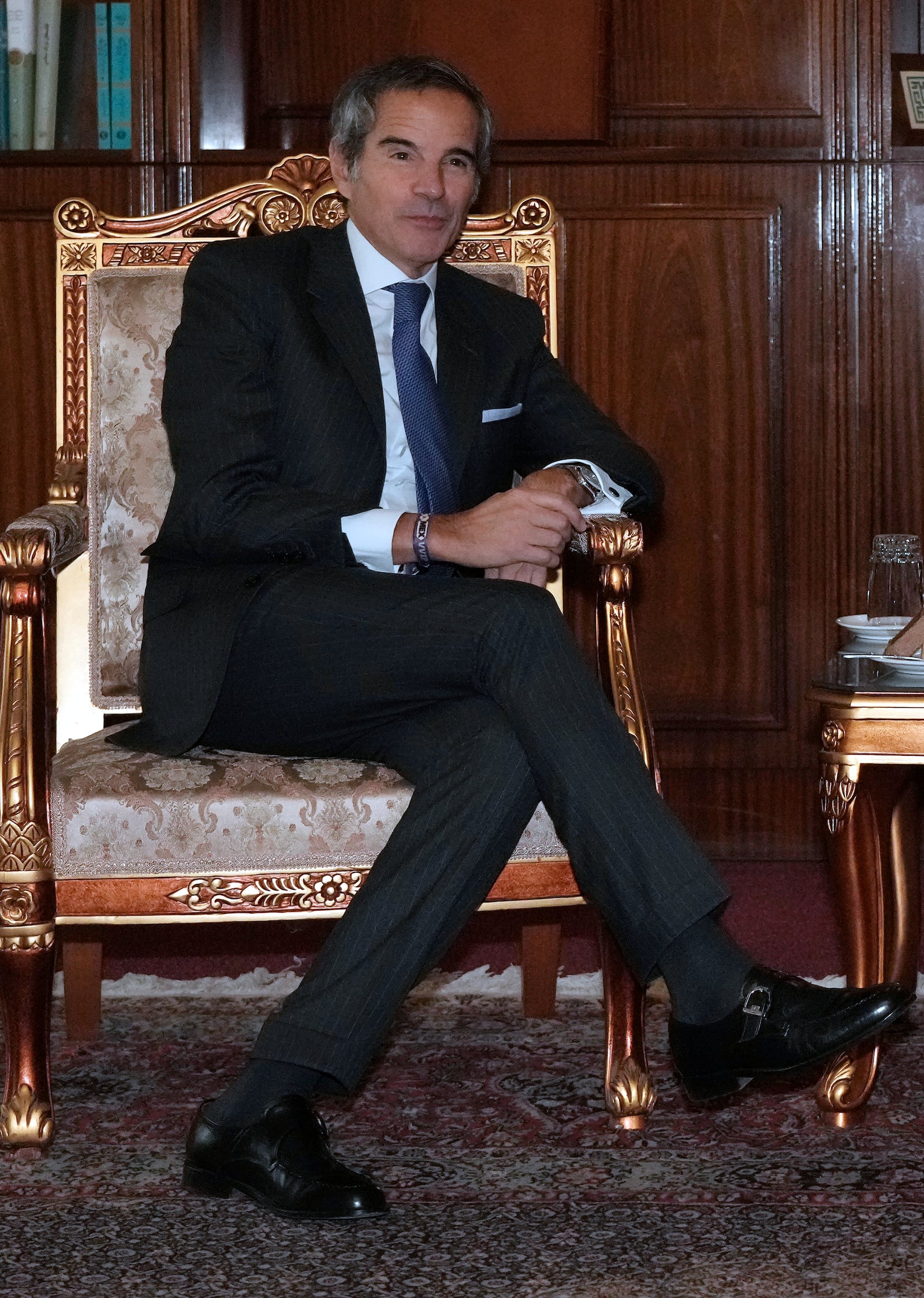 International Atomic Energy Agency (IAEA) Director General Rafael Mariano Grossi sits during a meeting with Iranian Foreign Minister Abbas Araghchi in Tehran, Iran, Thursday, Nov. 14, 2024. (AP Photo/Vahid Salemi)