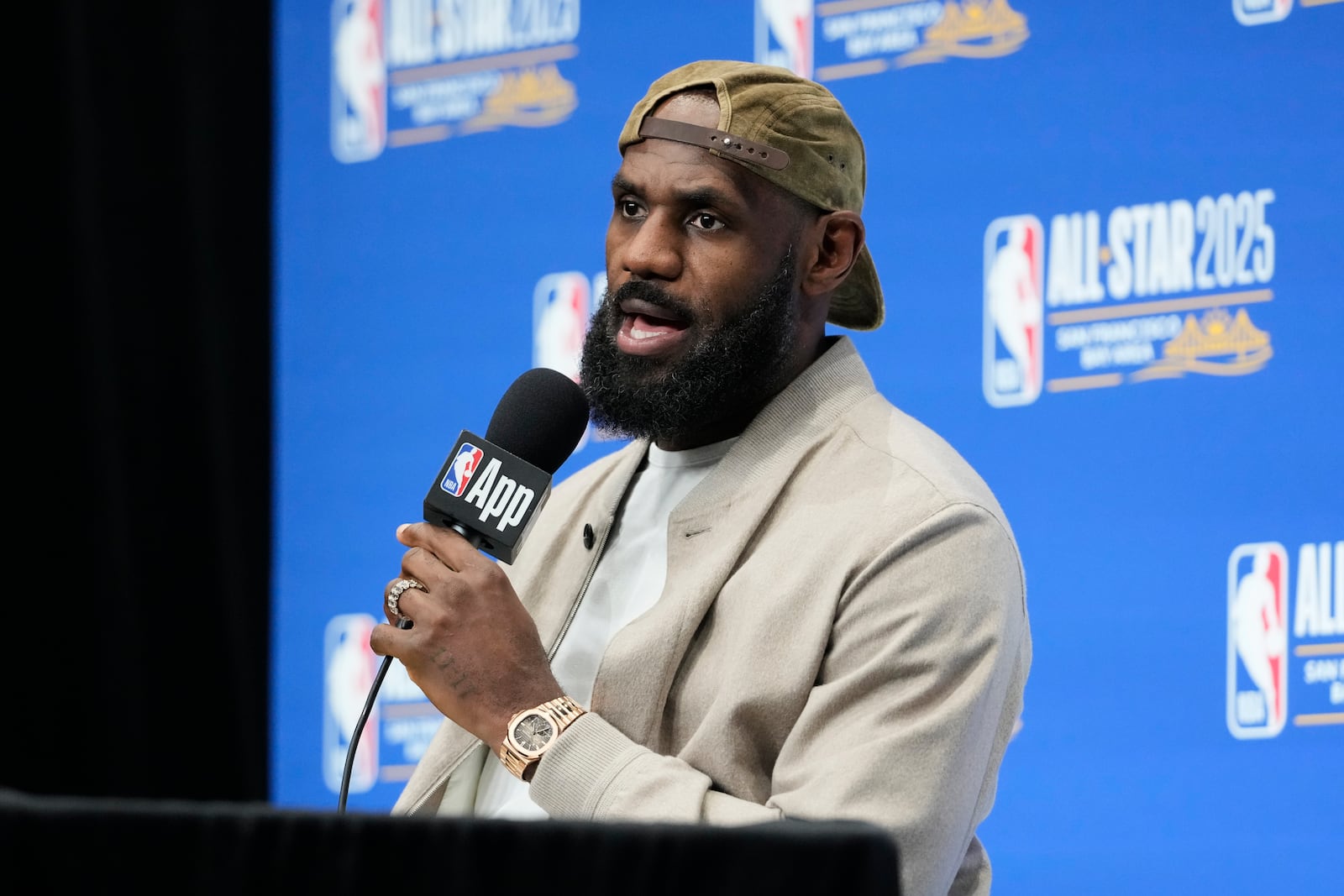 Los Angeles Lakers forward LeBron James speaks during a press conference before the NBA basketball All-Star game Sunday, Feb. 16, 2025, in San Francisco. (AP Photo/Godofredo A. Vásquez)