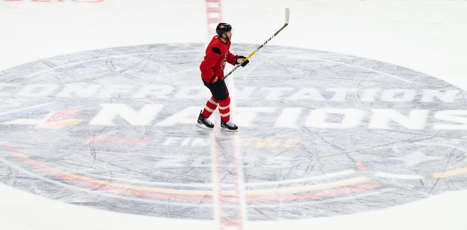 Canada's Connor McDavid (97) skates during practice for the 4 Nations Face-Off hockey tournament in Montreal, Tuesday, Feb. 11, 2025. (Christinne Muschi/The Canadian Press via AP)