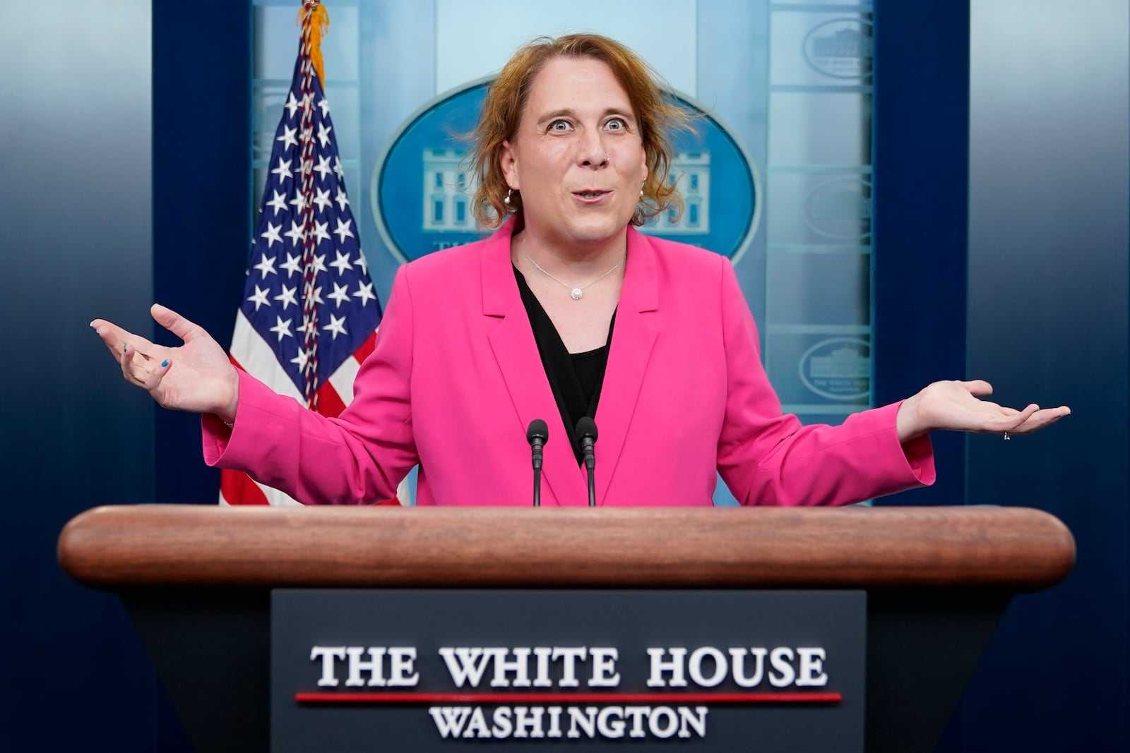 "Jeopardy!" champion Amy Schneider speaks with members of the press in the James S. Brady Press Briefing Room at the White House, Thursday, March 31, 2022, in Washington. Schneider was visiting the White House to participate in Transgender Day of Visibility. (AP Photo/Patrick Semansky)