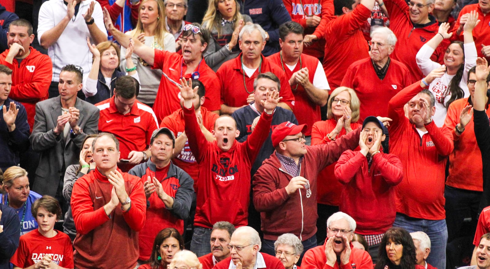 Fans of the Dayton Flyers cheer during a NCAA tournament game against Wichita State on March 17, 2017, at Bankers Life Fieldhouse in Indianapolis. 2017 Dayton NCAA Tournament 2.jpg