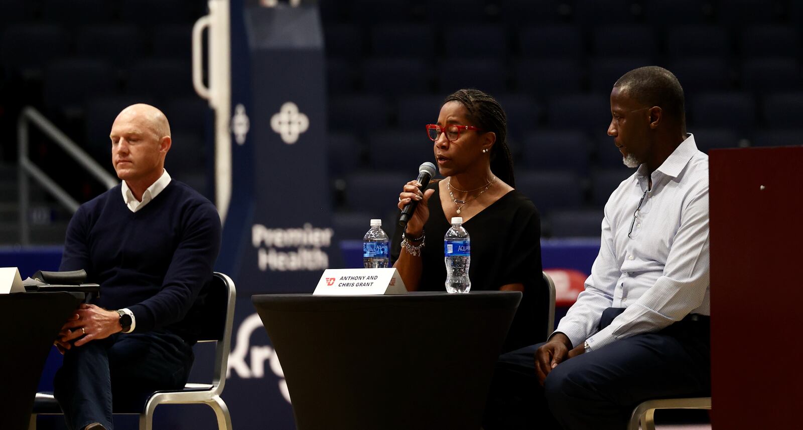 Chris Grant, wife of Dayton men's basketball coach Anthony Grant, speaks at "The Spotlight, To Shine A Light On Mental Health" at UD Arena on Thursday, Oct. 19, 2023. The Grants spoke about their late daughter Jay. David Jablonski/Staff