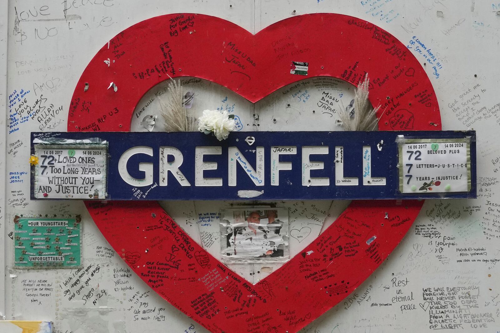 FILE - A detail of the memorial wall next to the Grenfell Tower in London, Sept. 2, 2024, after a fire in June 2017 where 72 people were killed. (AP Photo/Kin Cheung, File)