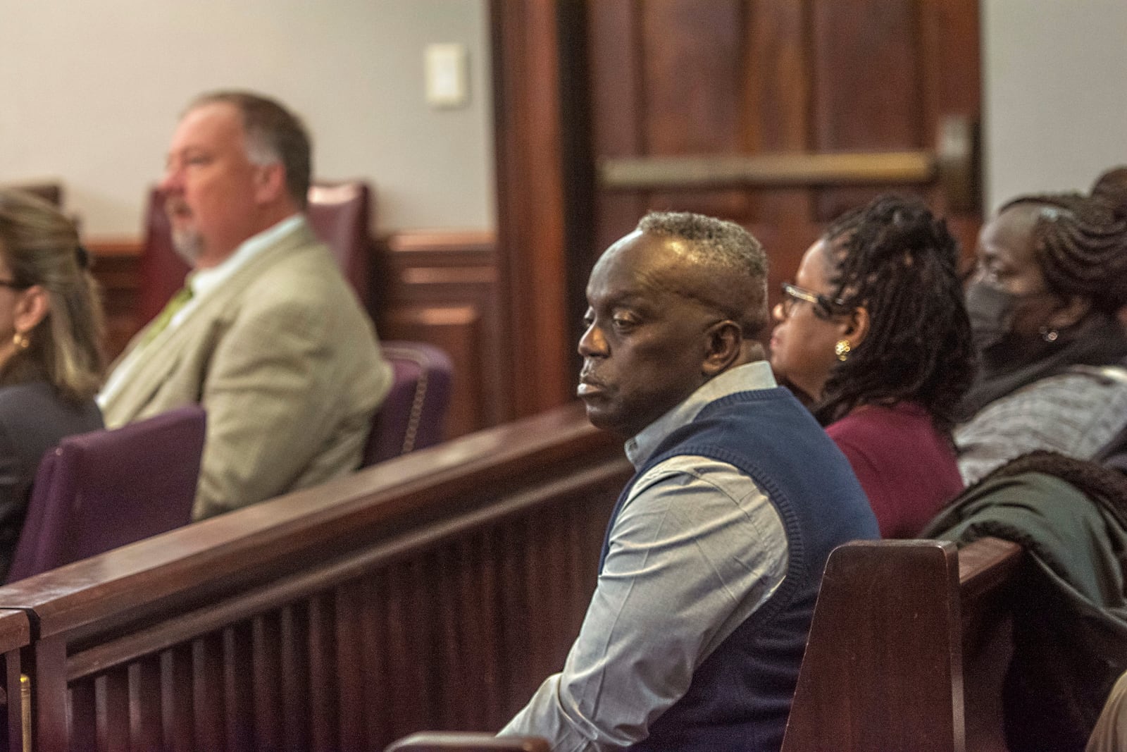 Marcus Arbery Sr., the father of Ahmaud Arbery, sits in the courtroom Tuesday, Jan. 21, 2025, in Brunswick, Ga., as jury selection begins in the trial of former District Attorney Jackie Johnson. (Michael Hall/The Brunswick News via AP, Pool)