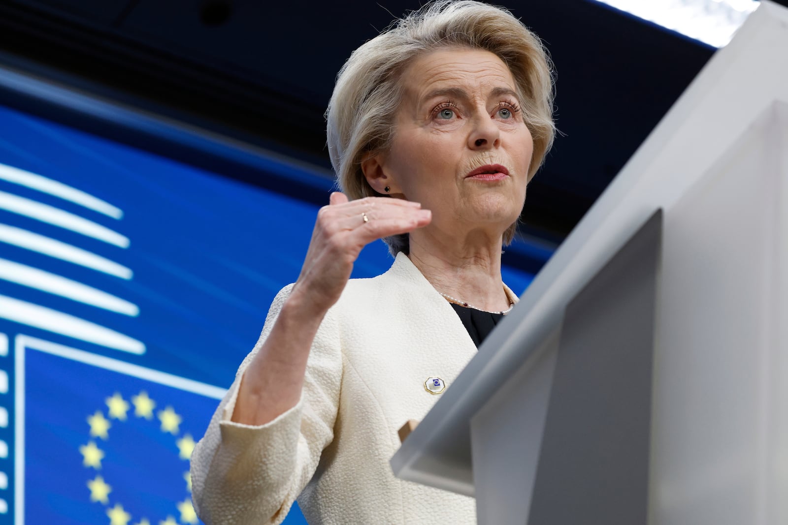 FILE - European Commission President Ursula von der Leyen addresses a media conference at an EU Summit in Brussels, Thursday, March 6, 2025. (AP Photo/Omar Havana, File)