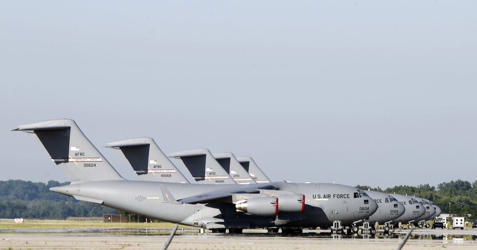 The 445th Airlift Wing at Wright-Patterson Air Force Base loaded more than half-a-million prepackaged meals onto a C-17 bound for Haiti on Friday, June 14. TY GREENLEES / STAFF