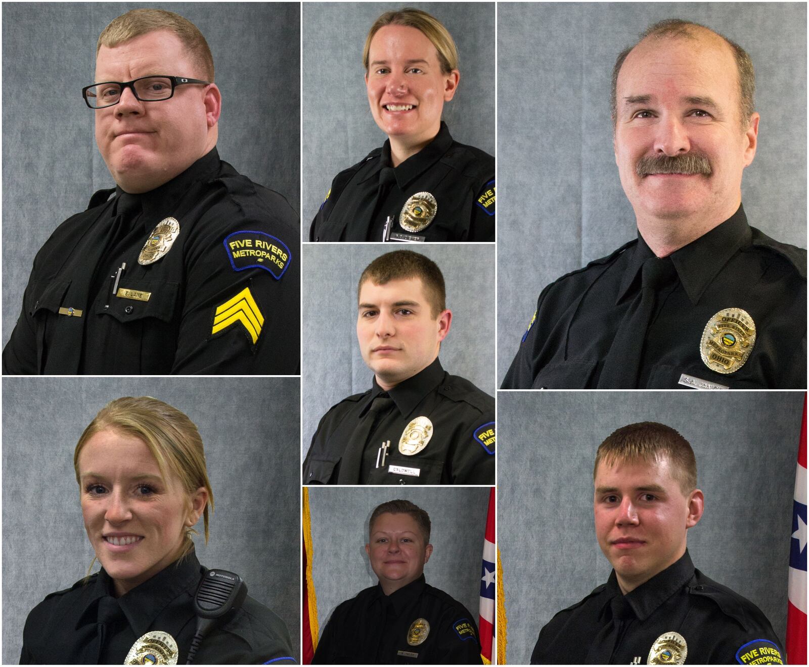 Ohio Parks and Recreation Association’s has named (top left to right) Sgt. Eric Lane and rangers Rebecca Dieker, Scott Janicki,  Kyl Caldwell (center), Elyzabeth McDonald, Amanda Chiles and Cory Reis  Professionals of the Year for efforts during the Oregon District mass shooting.