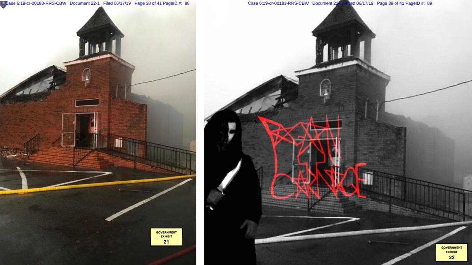 Pictured at right, in an undated photo, is the ruins of Mount Pleasant Baptist Church in Opelousas, La. At right, a figure authorities say is Holden James Matthews, 22, of Opelousas, poses for album artwork using the burned church as a background. Matthews pleaded guilty Monday, Feb. 10, 2020, to setting fire to three black churches in St. Landry Parish over a 10-day period from March 26 to April 4, 2019. (U.S. District Court Western District of Louisiana)