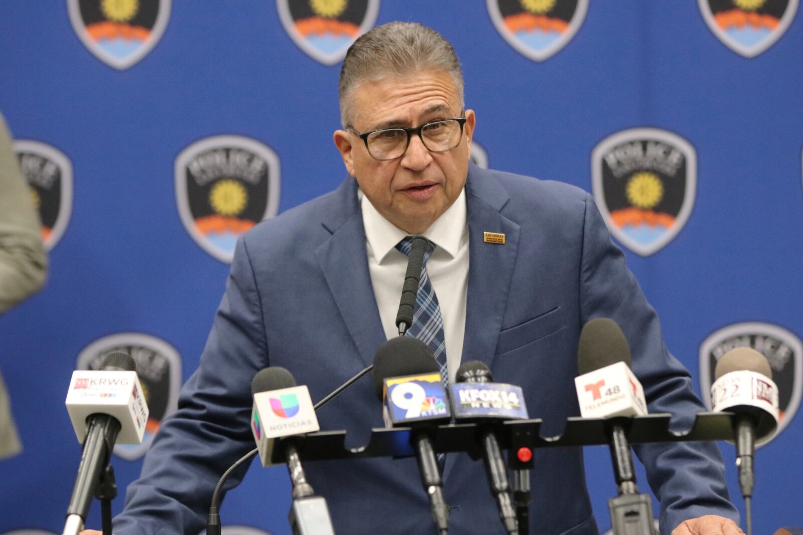 Las Cruces Mayor Eric Enriquez opens a news conference on Saturday, March 22, 2025, by calling for the community to come together after a deadly mass shooting at Young Park in Las Cruces, N.M. (Justin Garcia/The Albuquerque Journal via AP)