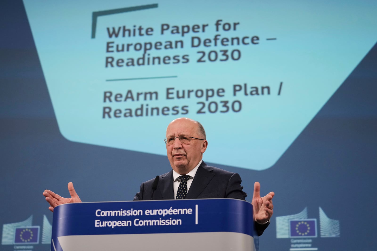 European Commissioner for Defense and Space Andrius Kubilius speaks during a media conference regarding the White Paper on the Future of European Defense and the REARM Europe plan at EU headquarters in Brussels, Wednesday, March 19, 2025. (AP Photo/Virginia Mayo)