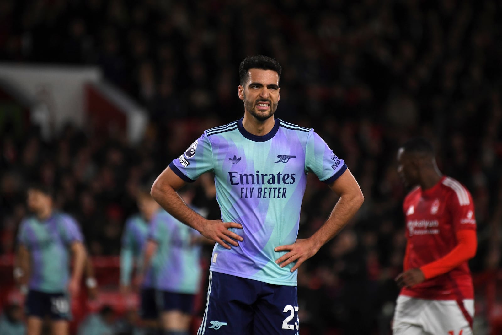 Arsenal's Mikel Merino reacts during the English Premier League soccer match between Nottingham Forest and Arsenal at the City Ground stadium in Nottingham, England, Wednesday, Feb. 26, 2025. (AP Photo/Rui Viera)