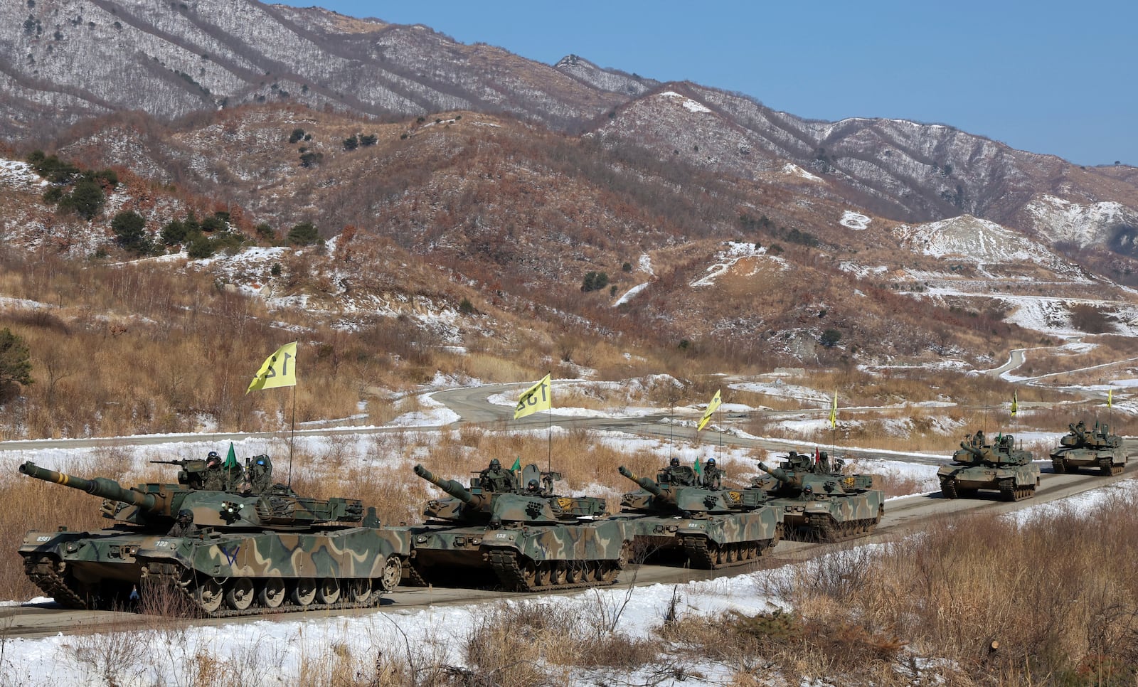 South Korea army's K1A2 tanks move during the joint military drill between South Korea and the United States at Seungjin Fire Training Field in Pocheon, South Korea, Thursday, March 6, 2025. (Yonhap via AP)