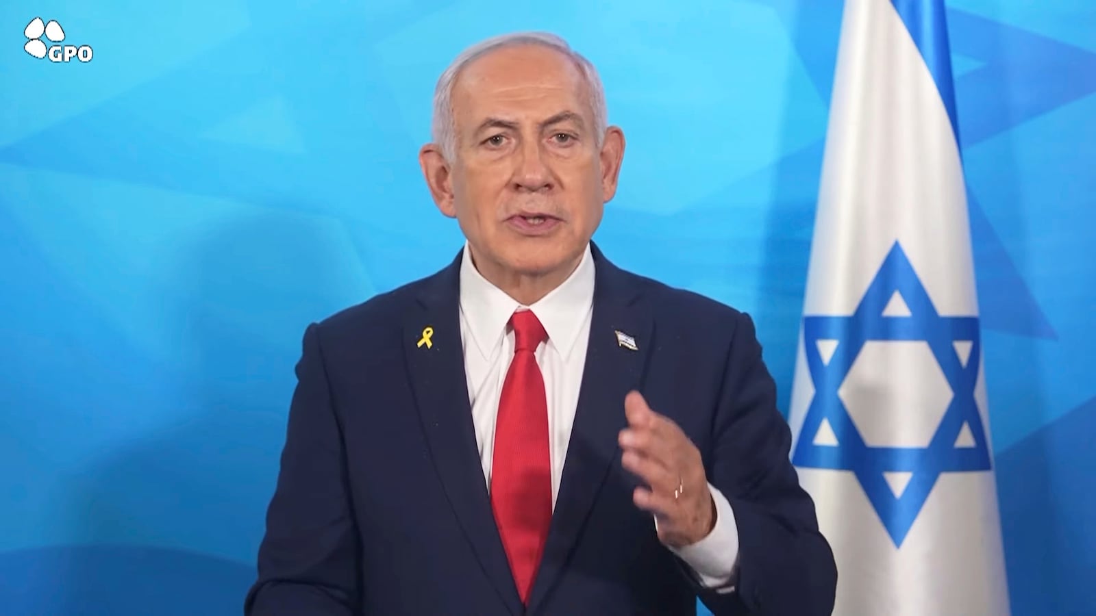 In this image made from a video released by the Israeli Government Press Office, Prime Minister Benjamin Netanyahu gives a statement Tuesday, March 18, 2025, in Tel Aviv, Israel. (Israeli Government Press Office via AP)