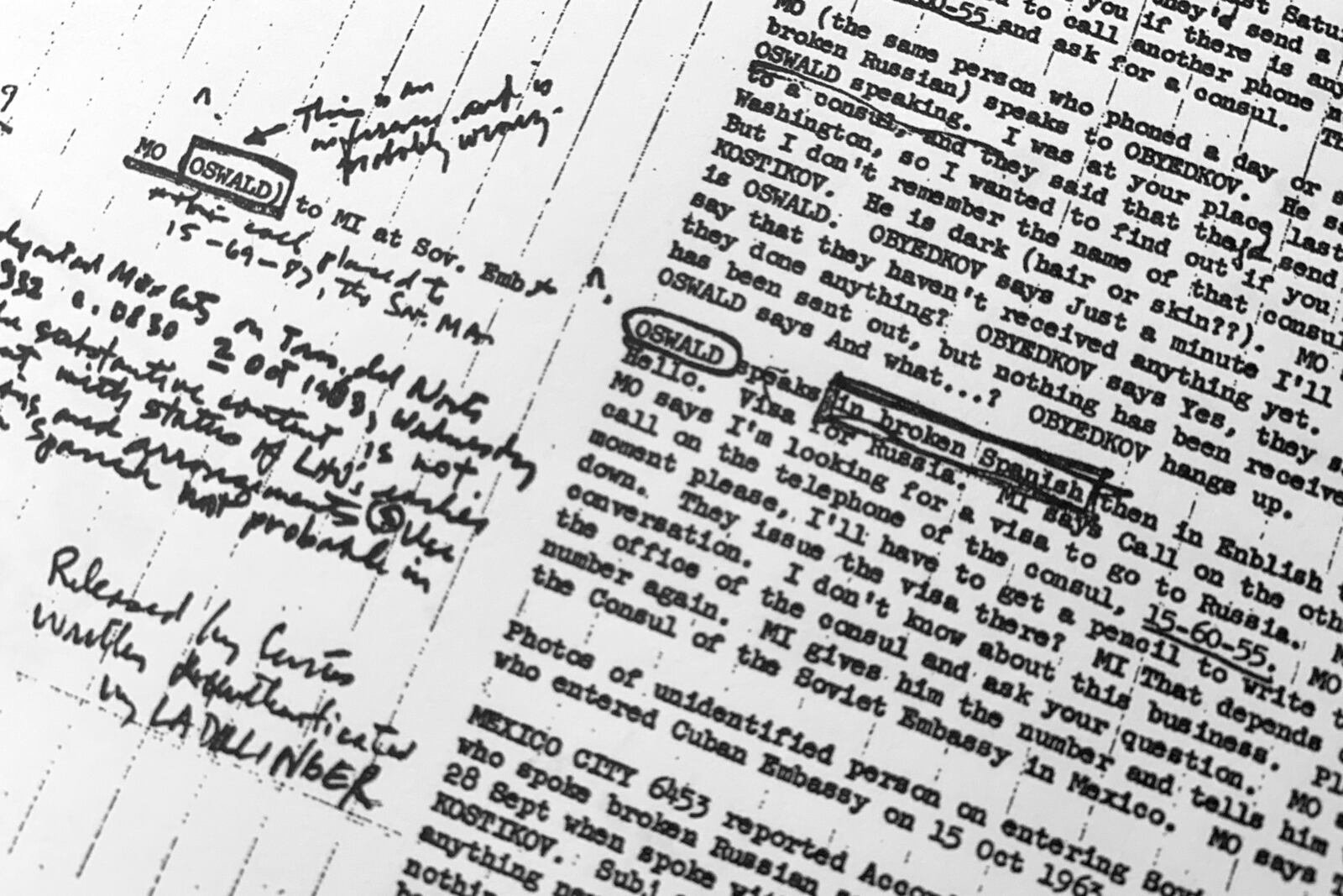 FILE - Part of a file from the CIA, dated Feb. 3, 1968, titled "Mexico City Chronology" about Lee Harvey Oswald's time in Mexico and contact with the embassy of the Soviet Union in Mexico City, that was released on Dec. 15, 2021, and that was part of the investigation into the assassination of President John F. Kennedy. (AP Photo/Jon Elswick, File)