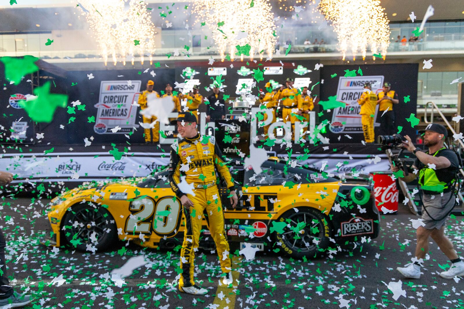 Christopher Bell celebrates after his win in a NASCAR Cup Series auto race at Circuit of the Americas in Austin, Texas, Sunday, March 2, 2025. (AP Photo/Stephen Spillman)