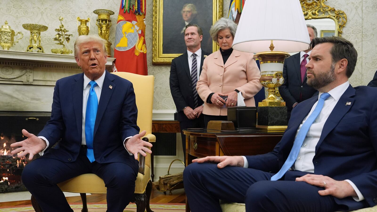 President Donald Trump meets with Israel's Prime Minister Benjamin Netanyahu in the Oval Office of the White House, Tuesday, Feb. 4, 2025, in Washington, As White House national security adviser Mike Walz, White House chief of staff Susie Wiles and Vice President JD Vance listen. (AP Photo/Evan Vucci)