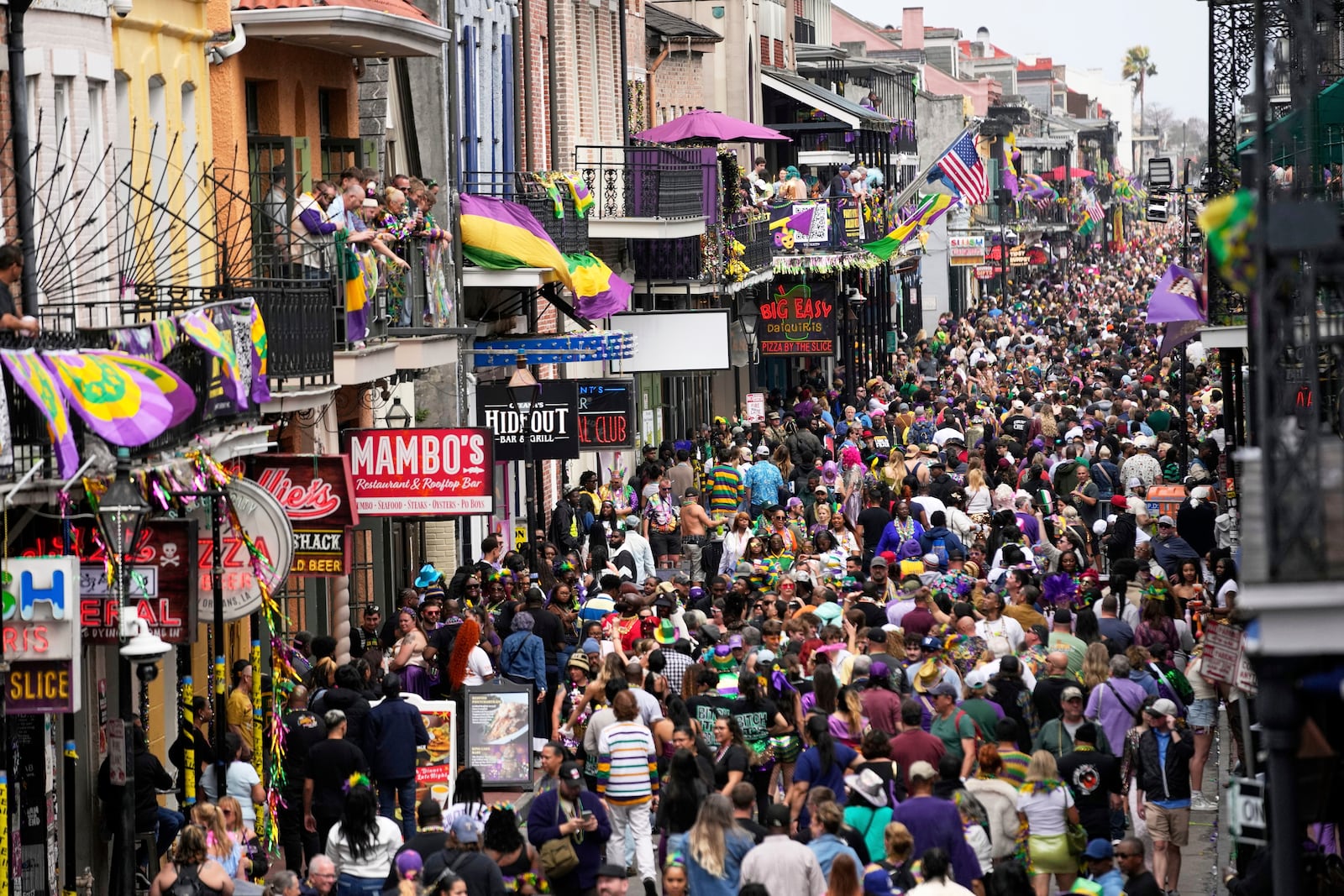 Bourbon Street is seen from a balcony at the Royal Sonesta Hotel on Mardi Gras Day, Tuesday, March 4, 2025 in New Orleans. (AP Photo/Gerald Herbert)