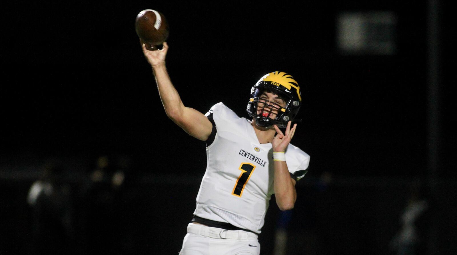 Centerville's Chase Harrison throws a pass against Springfield on Friday, Oct. 8, 2021, in Springfield. David Jablonski/Staff