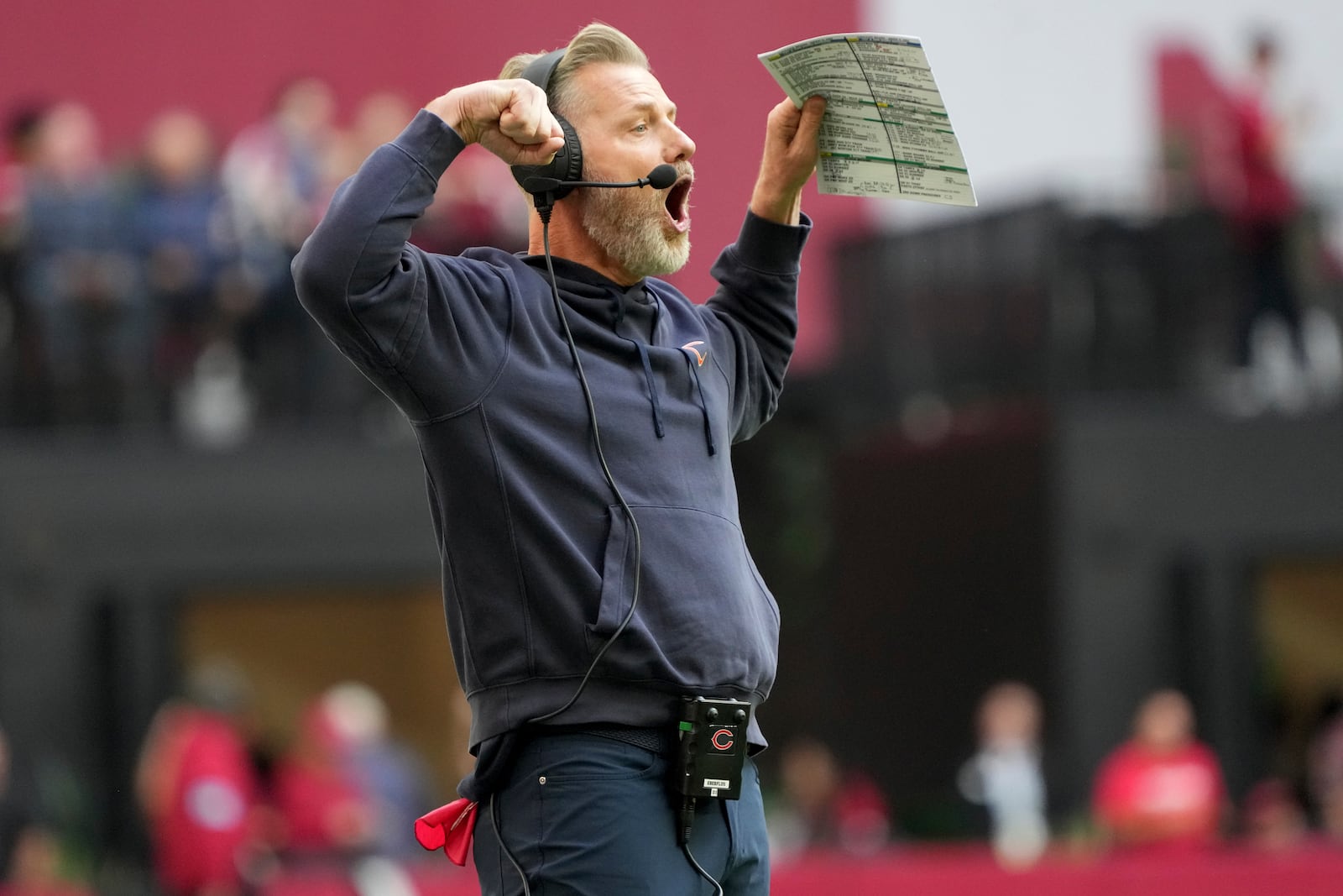 Chicago Bears head coach Matt Eberflus yells during the first half of an NFL football game against the Arizona Cardinals, Sunday, Nov. 3, 2024, in Glendale, Ariz. (AP Photo/Rick Scuteri)