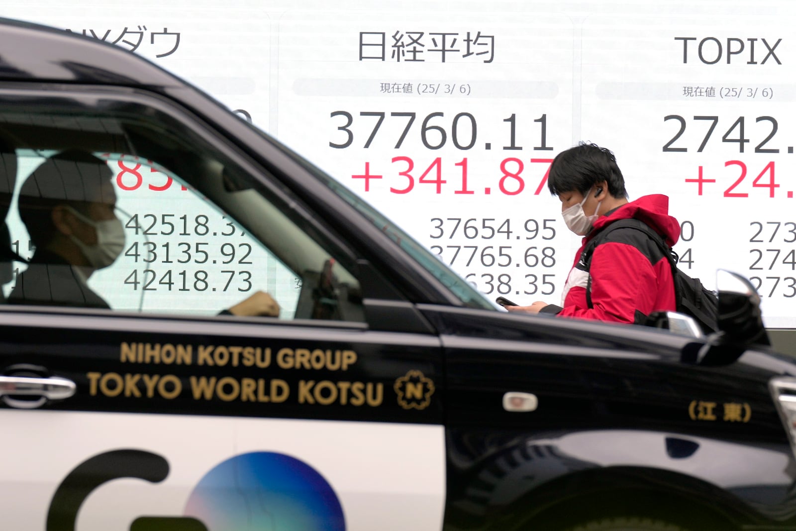 A person walks in front of an electronic stock board showing Japan's Nikkei index at a securities firm Thursday, March 6, 2025, in Tokyo. (AP Photo/Eugene Hoshiko)