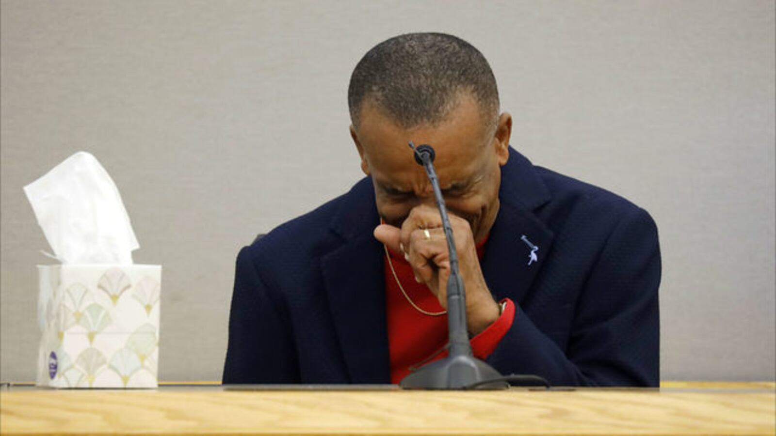 Bertrum Jean, father of victim Botham Jean, weeps as he testifies Wednesday, Oct. 2, 2019, in the penalty phase of ex-Dallas cop Amber Guyger's murder trial. Guyger, 31, was convicted of killing Jean, her upstairs neighbor, in September 2018.