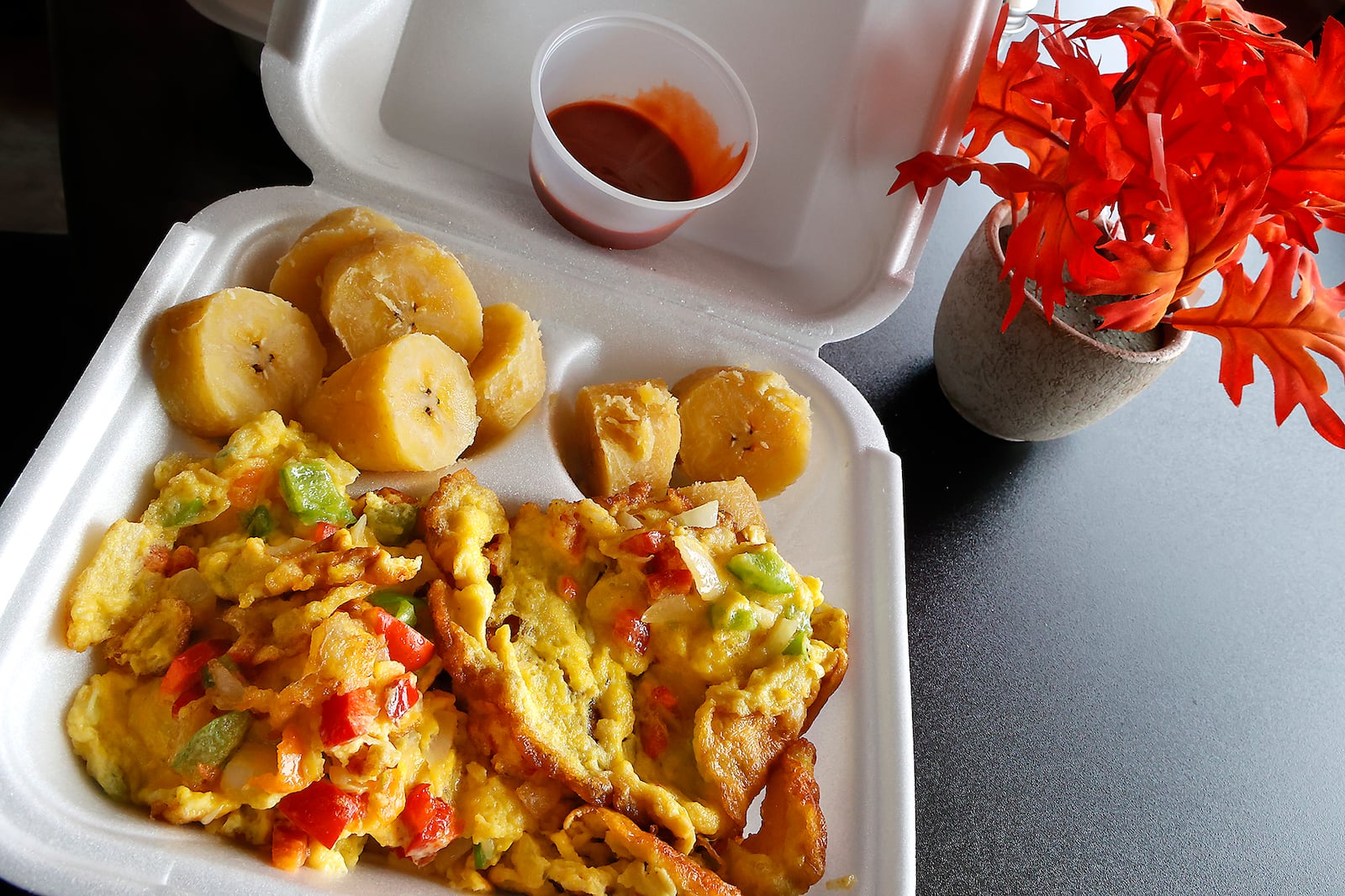 Eggs and Plantains, one of the breakfast dishes at Rose Goute Creole Restaurant at 1881 South Limestone Street in Springfield. BILL LACKEY/STAFF