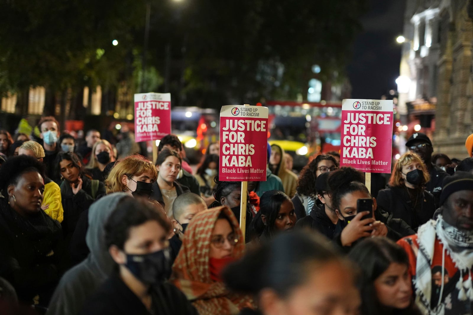 People demonstrate outside the Old Bailey in central London, Monday Oct. 21, 2024, after the London police officer who fatally shot Chris Kaba was acquitted of murder. (Jordan Pettitt/PA via AP)