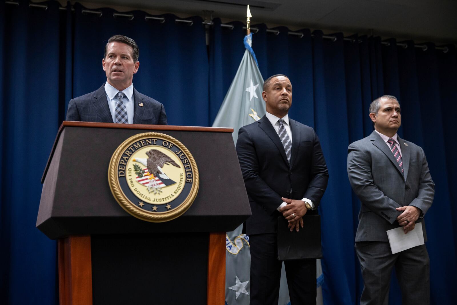 Assistant Director in Charge of the FBI's New York Field Office James Dennehy speaks during a press conference regarding the arrests of former Abercrombie & Fitch CEO Mike Jeffries and his partners as part of sex trafficking investigation at the U.S. Attorney's Office, Tuesday, Oct. 22, 2024, in New York. (AP Photo/Yuki Iwamura)