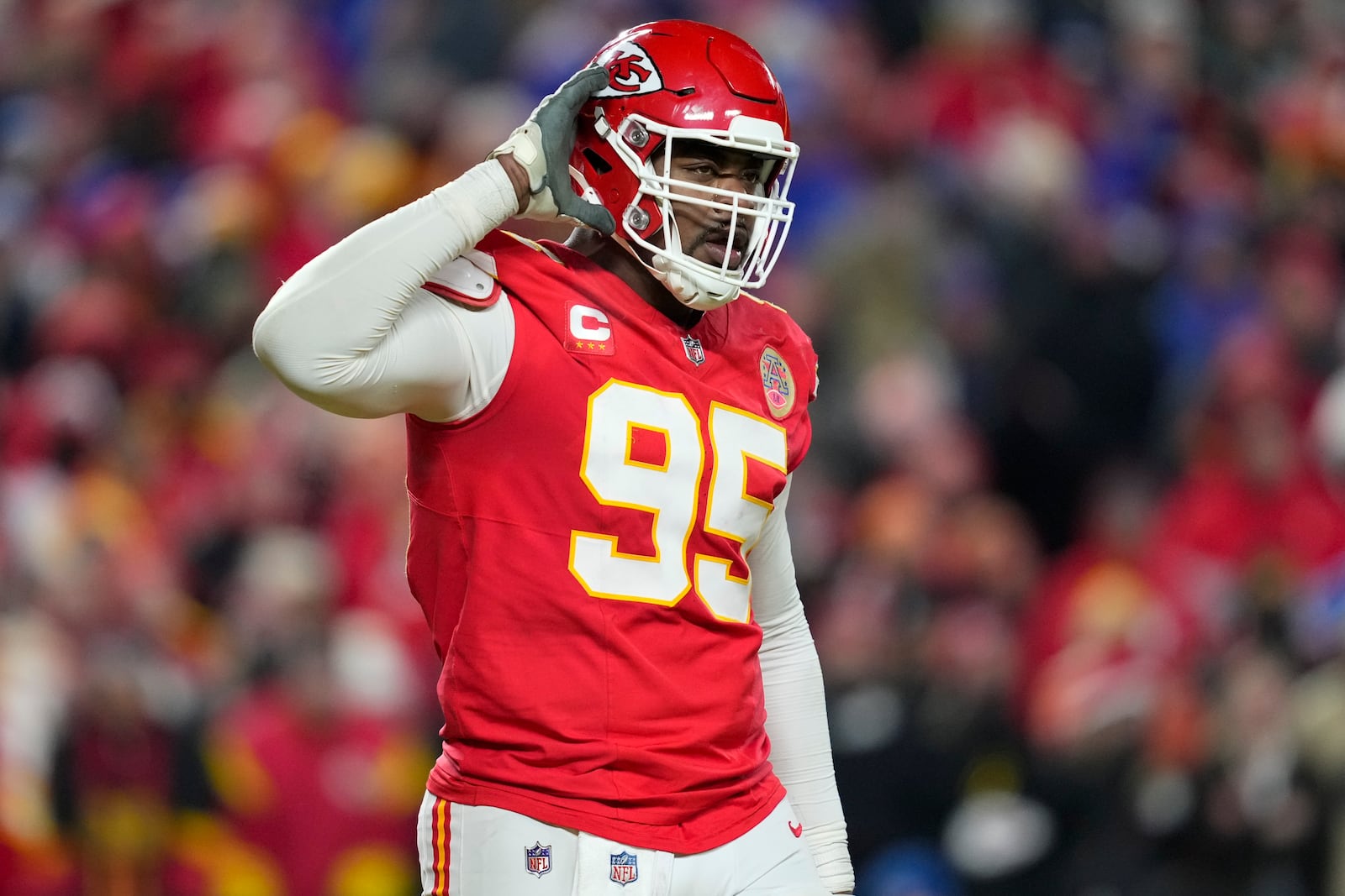 Kansas City Chiefs defensive tackle Chris Jones (95) reacts to play against the Buffalo Bills during the second half of the AFC Championship NFL football game, Sunday, Jan. 26, 2025, in Kansas City, Mo. (AP Photo/Ashley Landis)