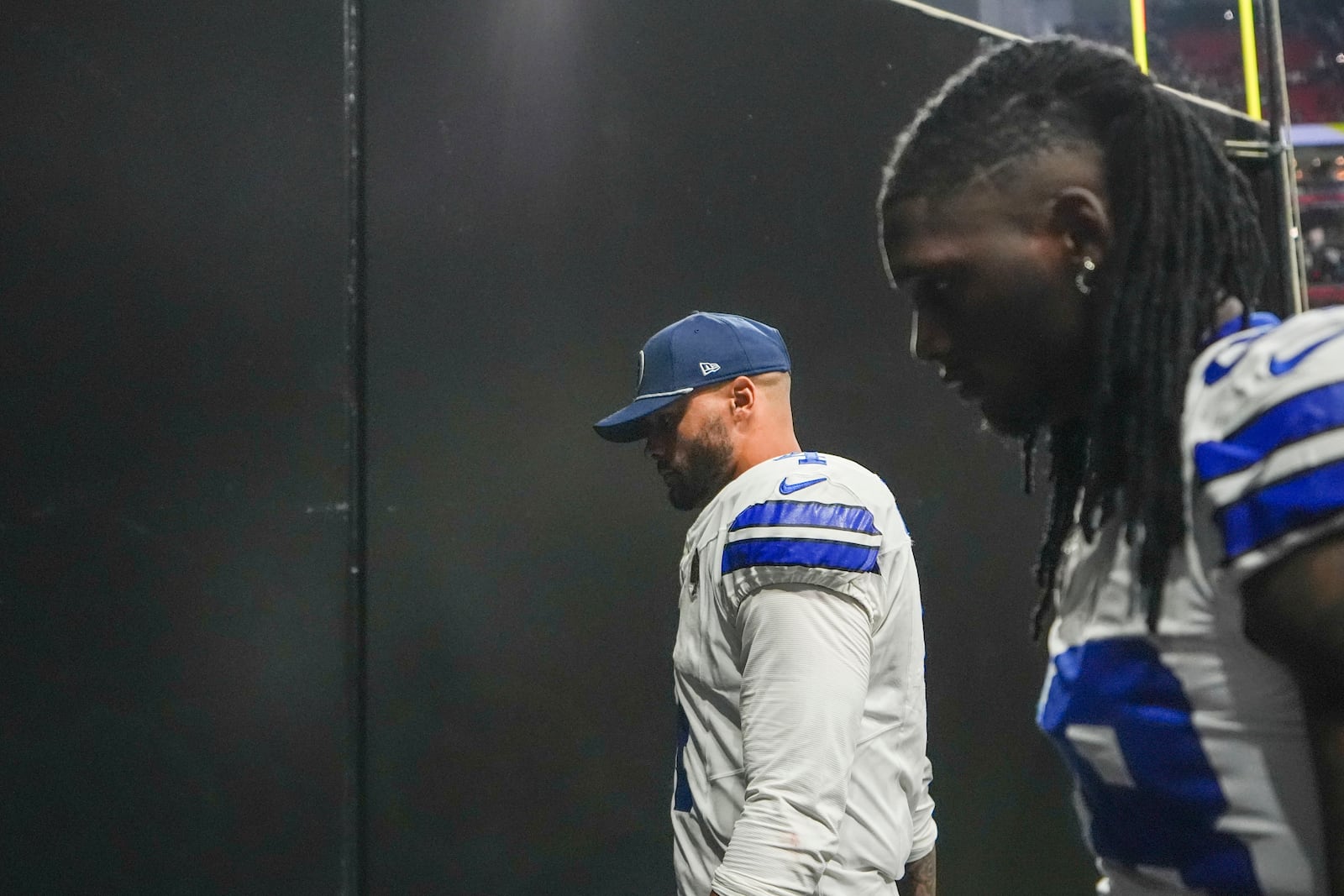 Dallas Cowboys quarterback Dak Prescott after an NFL football game against the Atlanta Falcons, Sunday, Nov. 3, 2024, in Atlanta. The Falcons won 27-21. (AP Photo/ Brynn Anderson)