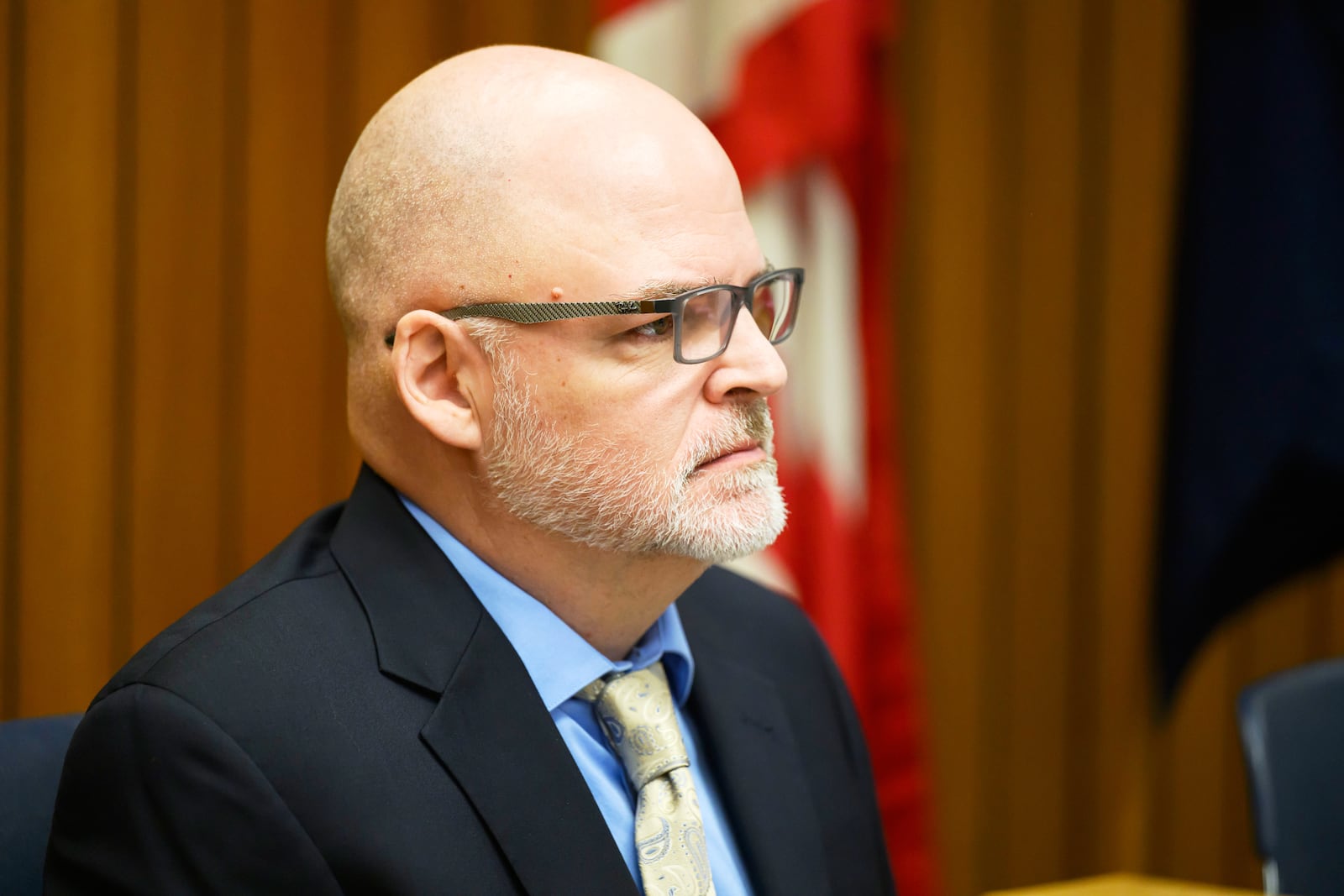 Former Morenci police chief Larry weeks gives testimony during a hearing by Tayna Zuvers to have her sons Andrew, Alexander, and Tanner Skelton be officially declared deceased, at Lenawee County probate court, in Adrian, Mich., March 3, 2025. (David Guralnick/Detroit News via AP)