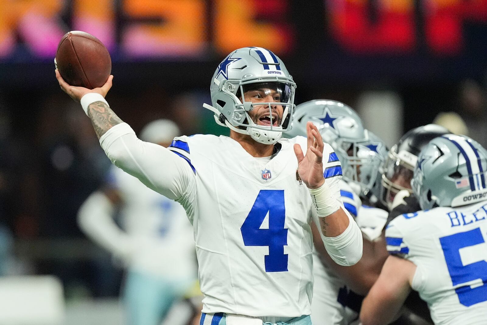 Dallas Cowboys quarterback Dak Prescott (4) passes during the first half of an NFL football game against the Atlanta Falcons, Sunday, Nov. 3, 2024, in Atlanta. (AP Photo/ John Bazemore)