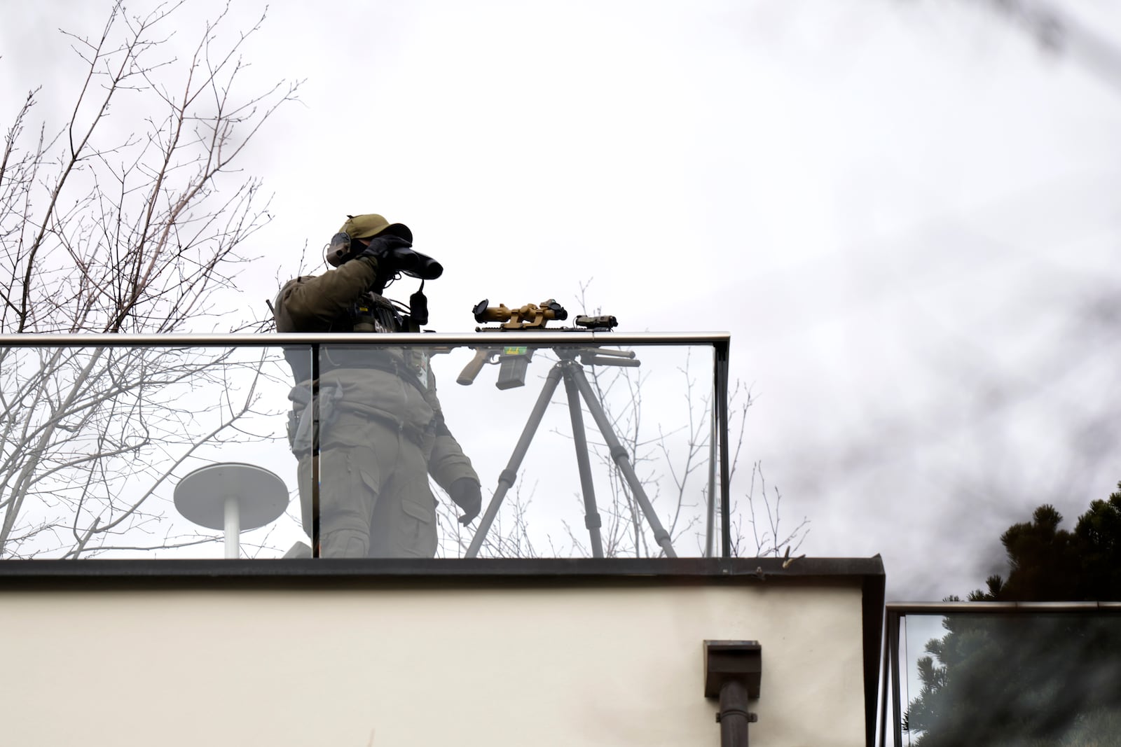 Security guard a position during the Munich Security Conference at the Bayerischer Hof Hotel in Munich, Germany, Saturday, Feb. 15, 2025. (AP Photo/Matthias Schrader)