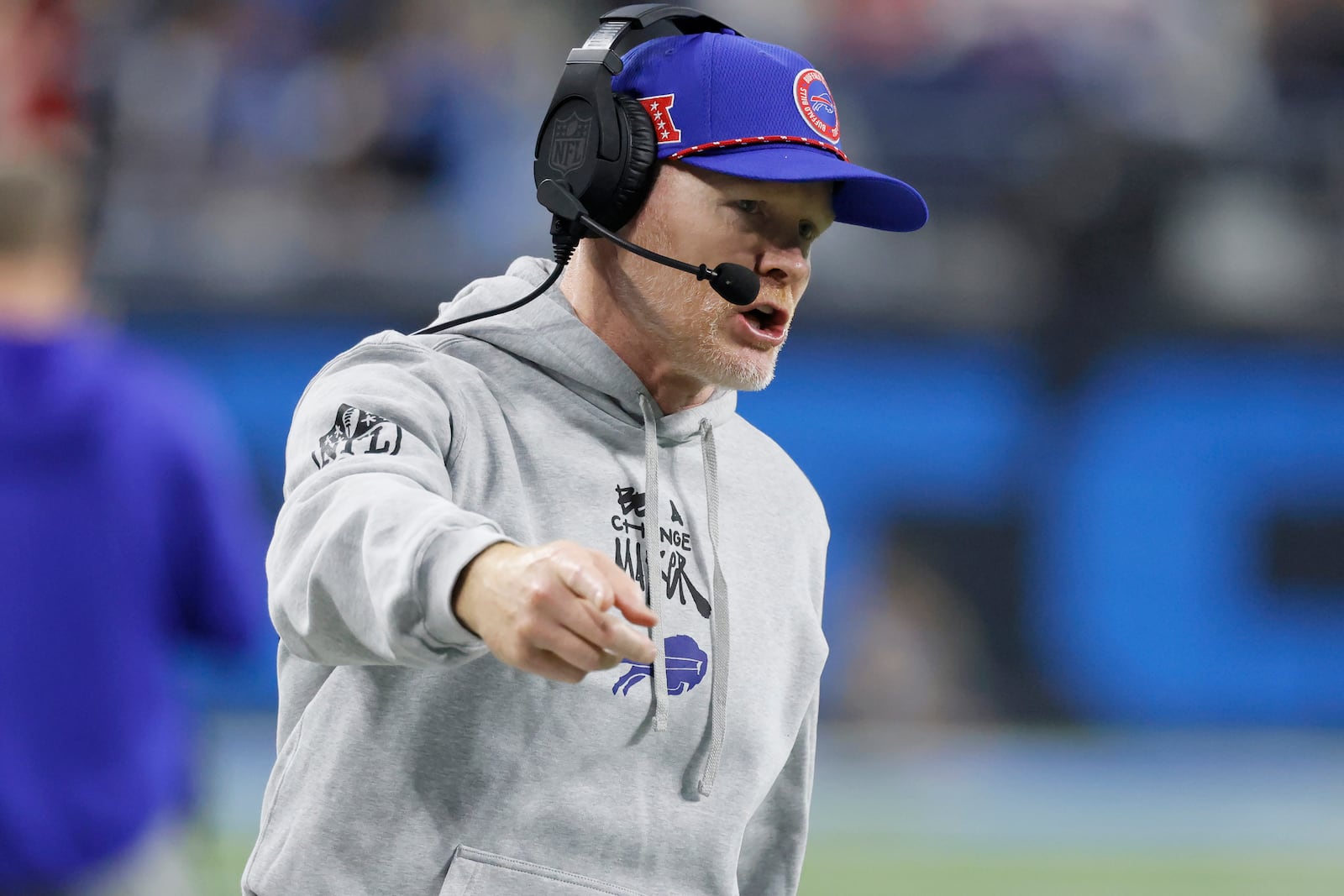 Buffalo Bills head coach Sean McDermott gestures during the first half of an NFL football game against the Detroit Lions, Sunday, Dec. 15, 2024, in Detroit. (AP Photo/Duane Burleson)