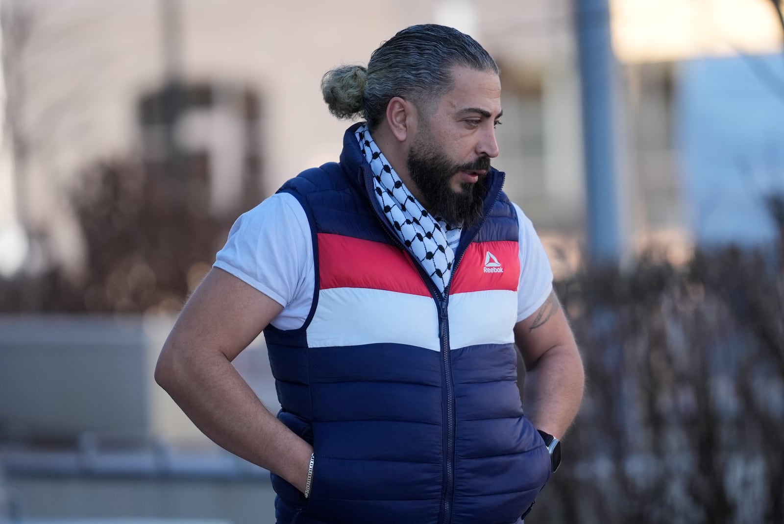 Odai Alfayoumi, father of six-year-old Palestinian boy Wadee Alfayoumi, enters Will County Courthouse where Joseph Czuba, 73, is charged with and on trial in the fatal stabbing of the boy and the wounding of his mother Hanan Shaheen, Tuesday, Feb. 25, 2025, in Joliet, Ill. (AP Photo/Erin Hooley)