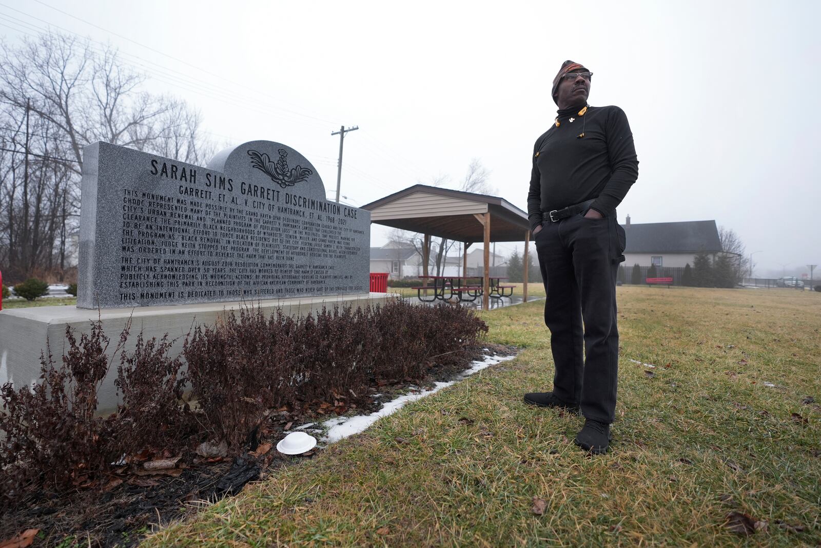 Dwydell Garrett stands in Sarah Sims Garrett Memorial Park, Friday, Jan. 31, 2025, in Hamtramck, Mich. (AP Photo/Paul Sancya)