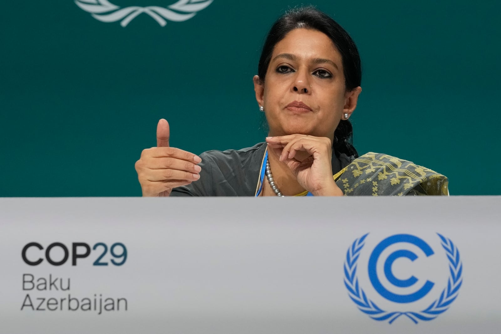 Syeda Rizwana Hasan, adviser for environment, forest and climate change of Bangladesh, speaks during a news conference at the COP29 U.N. Climate Summit, Wednesday, Nov. 20, 2024, in Baku, Azerbaijan. (AP Photo/Rafiq Maqbool)