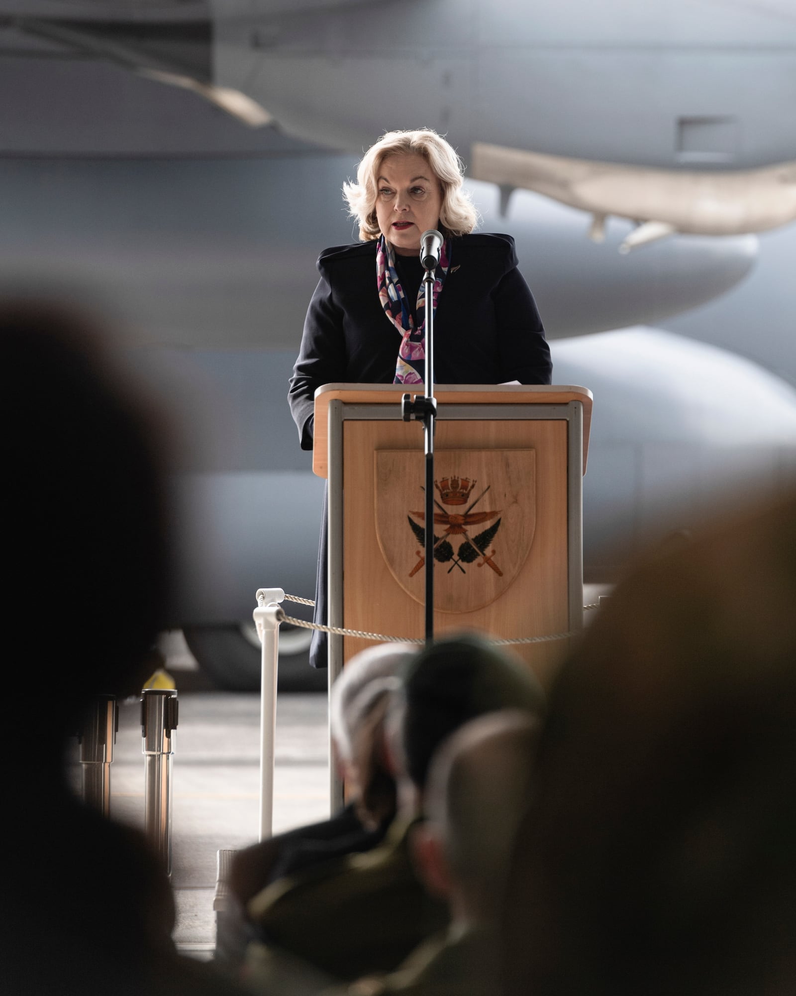 In this photo provided by New Zealand Defence Force, New Zealand's Defense Minister Judith Collins speaks at Auckland's Whenuapai Air Force Base, Sept. 10, 2024. (LAC Jalesa Noman/New Zealand Defence Force via AP)