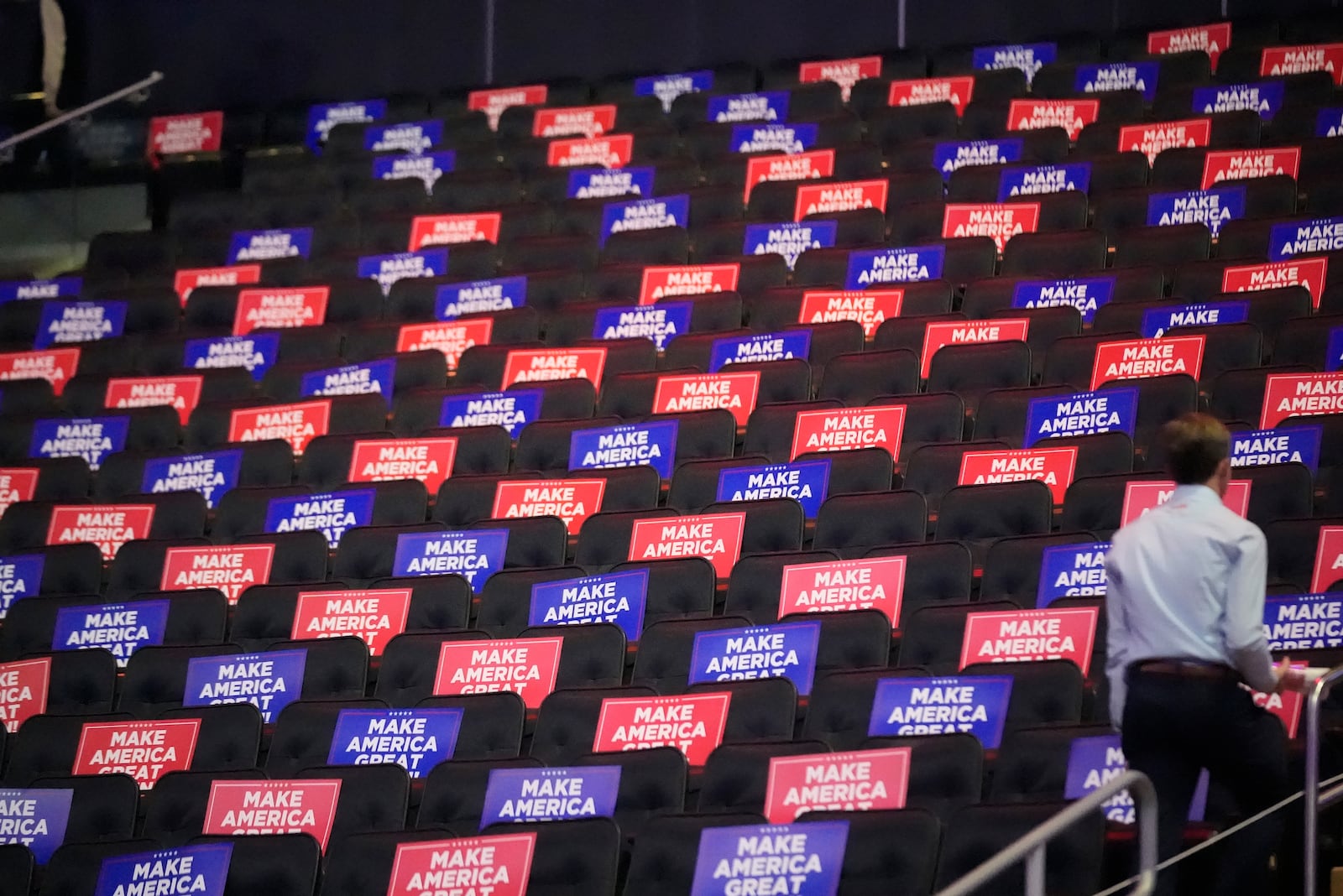 Signs are placed in seats before Republican presidential nominee former President Donald Trump speaks at a campaign rally at Madison Square Garden, Sunday, Oct. 27, 2024, in New York. (AP Photo/Alex Brandon)