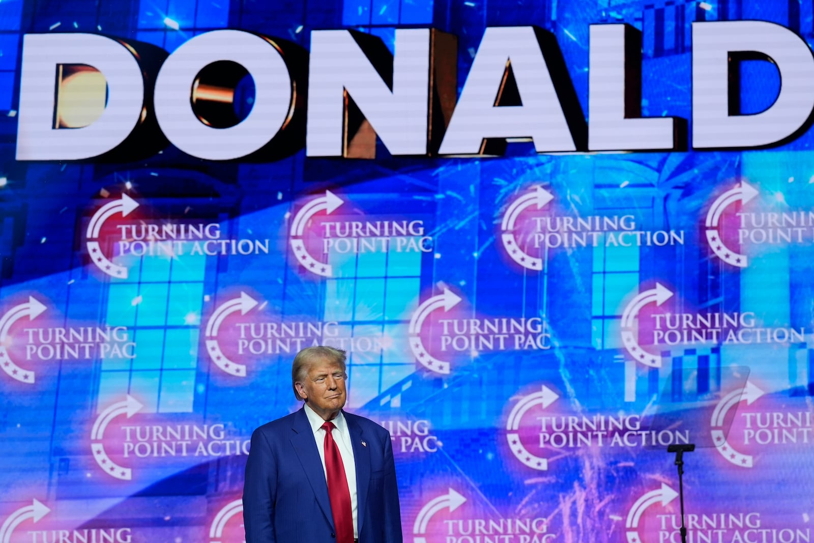 Republican presidential nominee former President Donald Trump arrives to speak during a campaign rally at Thomas & Mack Center, Thursday, Oct. 24, 2024, in Las Vegas. (AP Photo/John Locher)