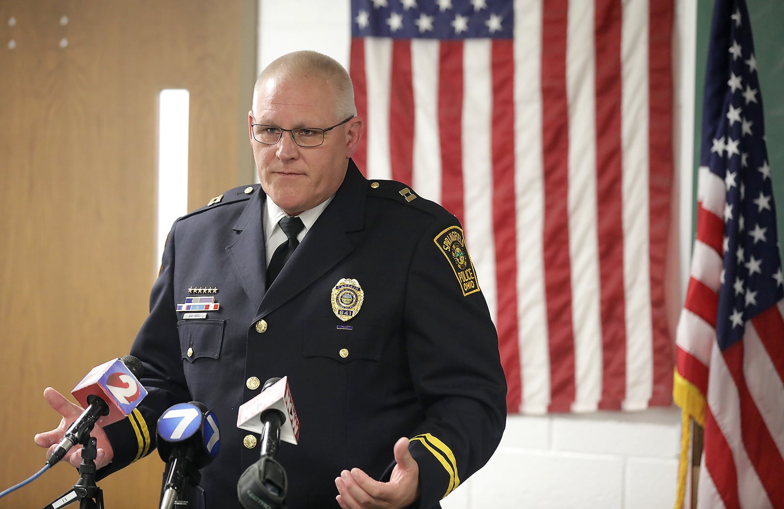 Capt. Brad Moos, of the Springfield Police Division, talks about the shooting Saturday at the Speedway of South Burnett Road that left one person dead and three others injured. BILL LACKEY/STAFF