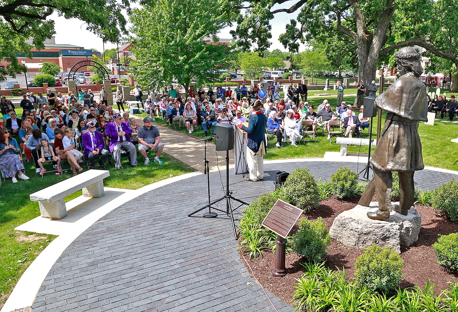 A dedication ceremony was held Saturday, May 27, 2023 for the renovated Springfield Burying Ground in downtown Springfield. The Burying Ground, opened in 1801, recently underwent a $1.2 million renovation. Several Revolutionary War veterans are buried in cemetery along with the founding fathers of Springfield. New grave markers have been added along with historic plaques and a statue of Springfield founder James Demint. BILL LACKEY/STAFF