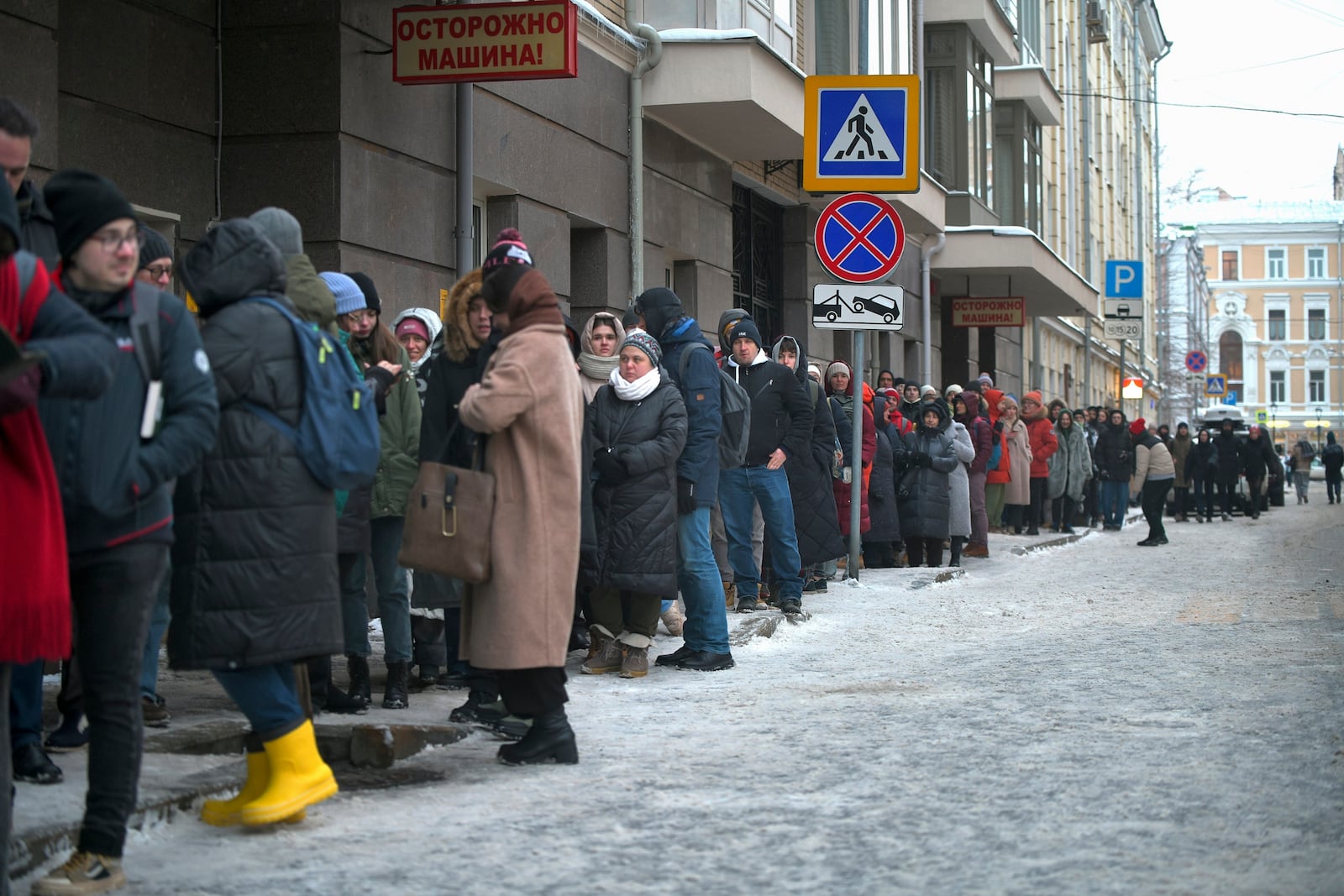 FILE - People line up in Moscow on Jan. 20, 2024, to sign petitions to support the candidacy of Boris Nadezhdin, a liberal Russian politician seeking to run in the presidential election. (AP Photo, File)