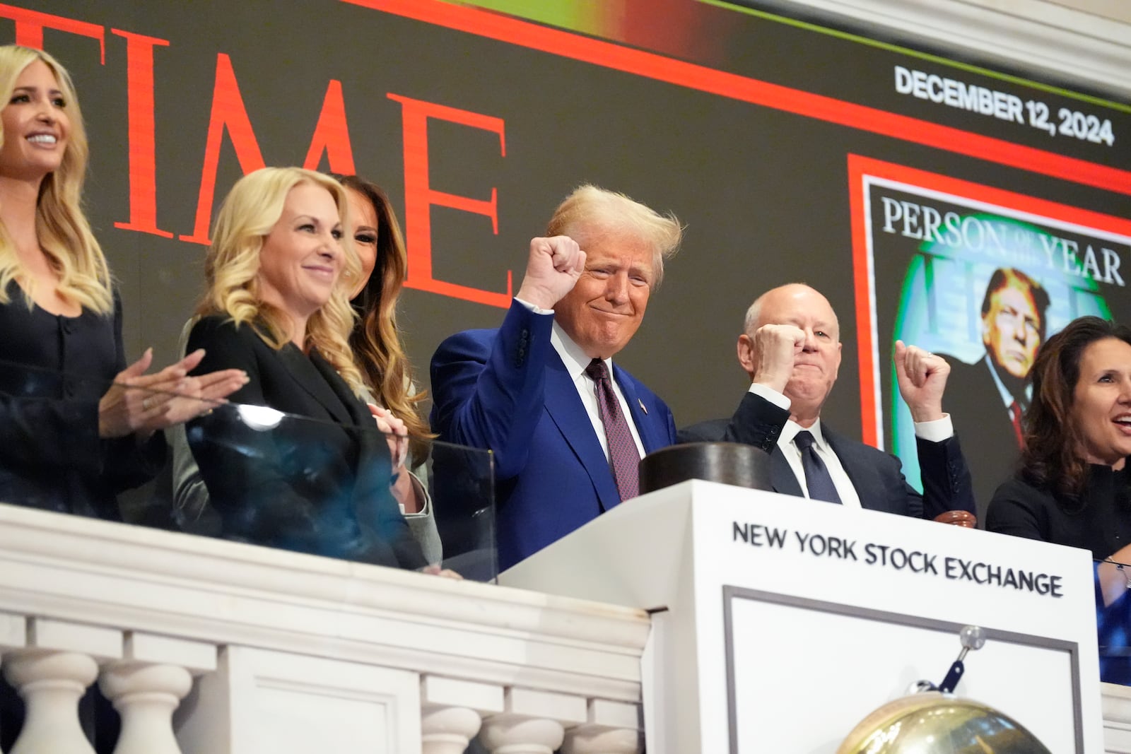 President-elect Donald Trump gestures after ringing the opening bell at the New York Stock Exchange, Thursday, Dec. 12, 2024, in New York. (AP Photo/Alex Brandon)