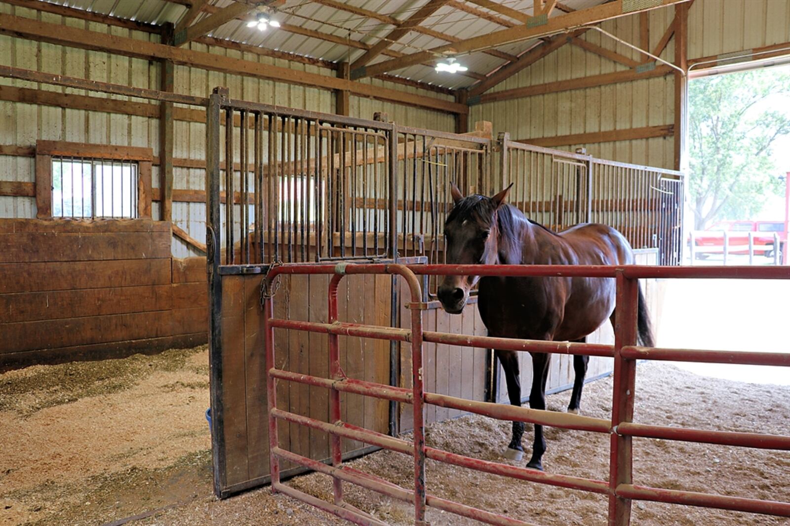 At the back of the property, the red barn has skylights, added lighting and electricity, three stalls and a concrete wash area and tack space. 