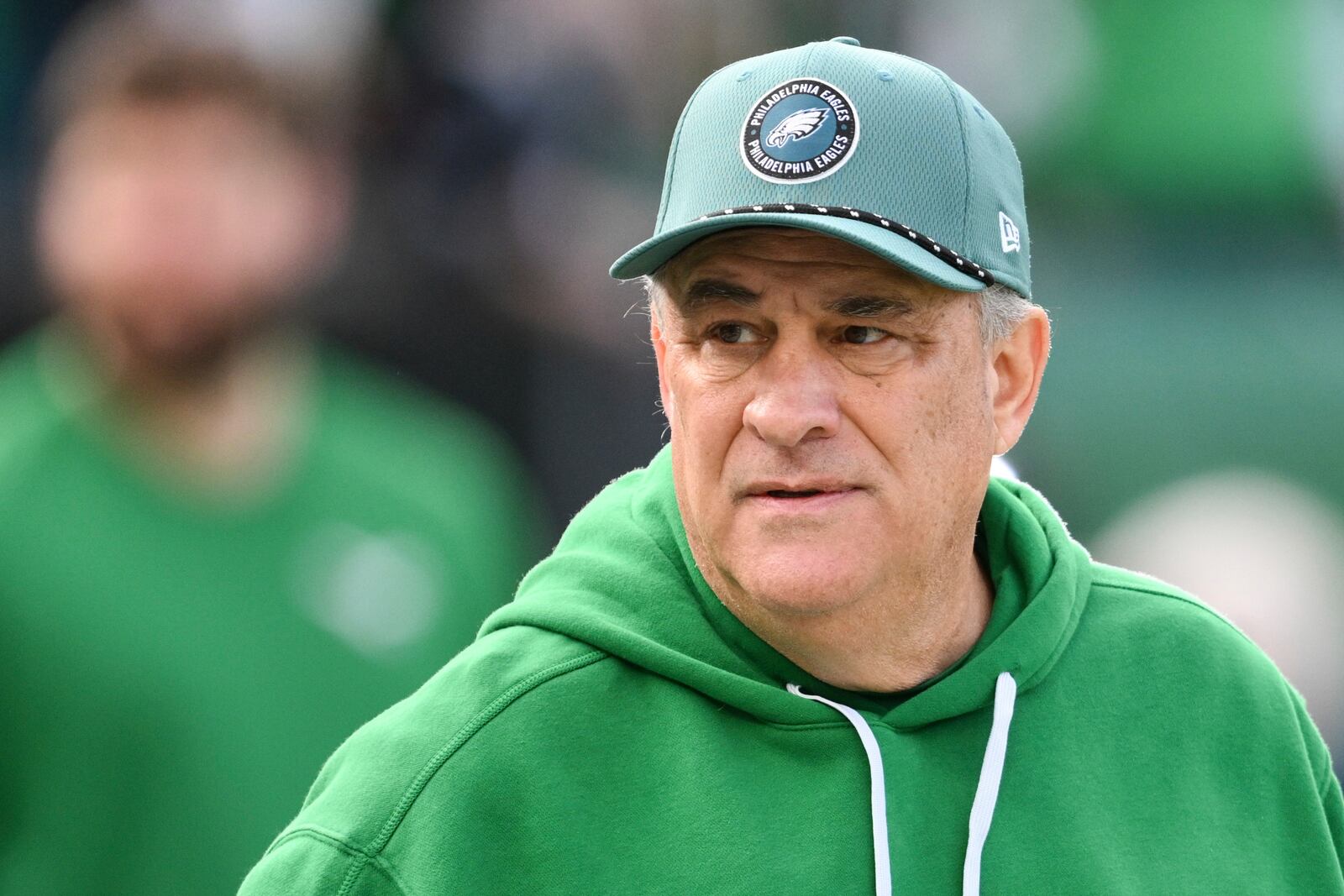 FILE - Philadelphia Eagles defensive coordinator Vic Fangio looks on before an NFL football game against the Dallas Cowboys, Sunday, Dec. 29, 2024, in Philadelphia. (AP Photo/Terrance Williams, File)