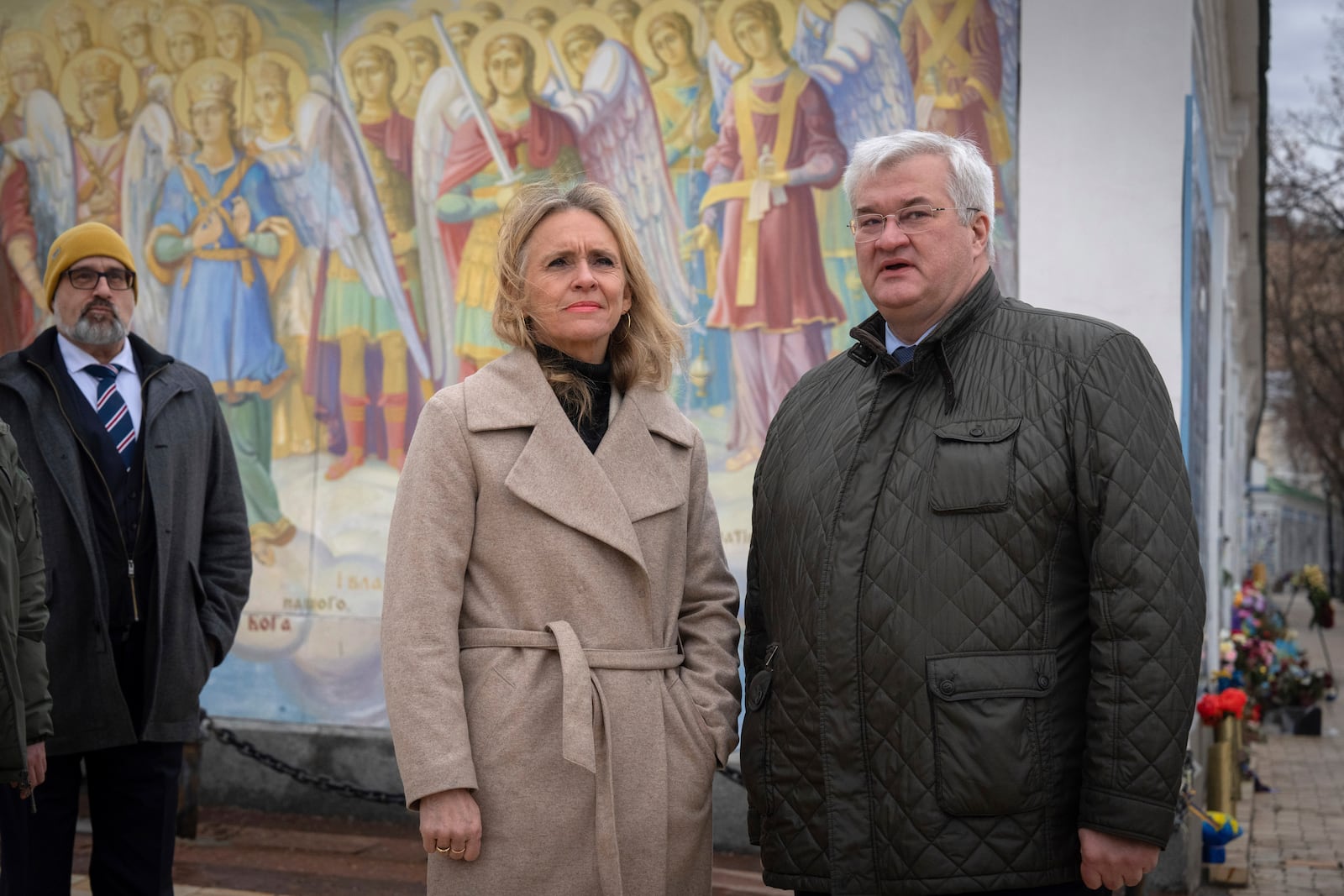 Iceland's Foreign Minister Thorgerdur Katrin Gunnarsdottir, left, and Ukraine's Foreign Minister Andriiy Sybiha at the entrance of St. Michael Monastery in Kyiv, Ukraine, Tuesday, Jan. 7, 2025. (AP Photo/Efrem Lukatsky)