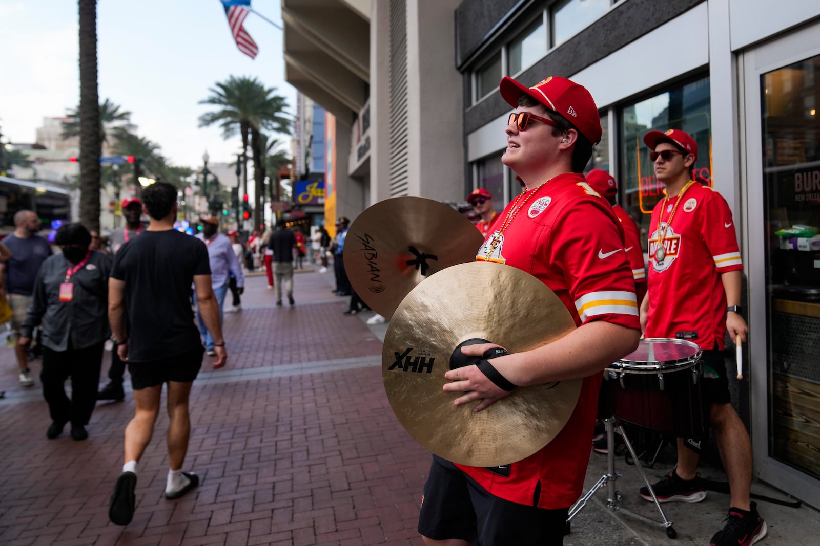 Musicians perform in the French Quarter Friday, Feb. 7, 2025, ahead of Super Bowl 59 between the Philadelphia Eagles and the Kansas City Chiefs in New Orleans. (AP Photo//03387241Name/)